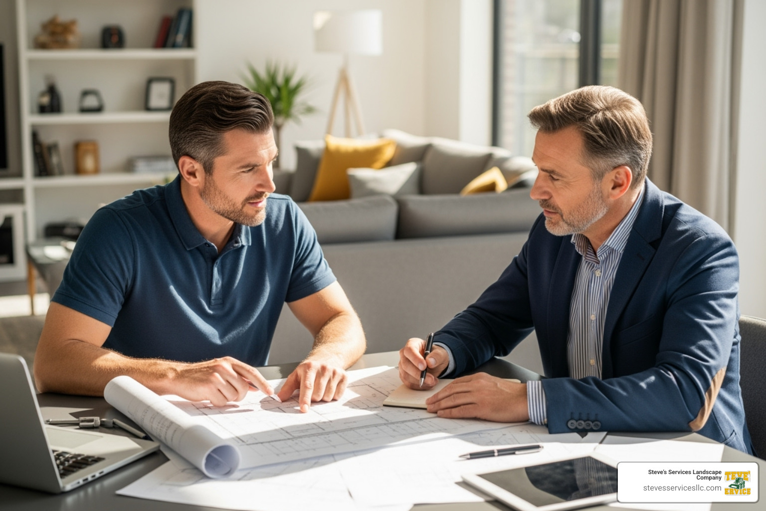 A homeowner having a professional discussion with a potential contractor, reviewing documents at a table. - general contractors for home remodeling