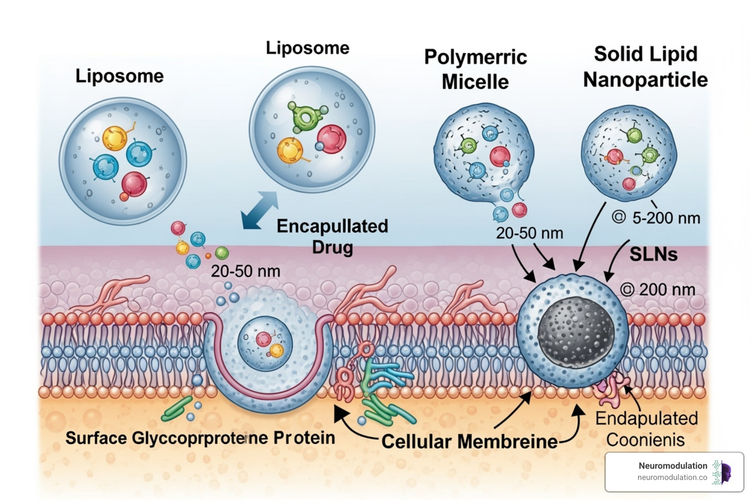 A detailed illustration of various nanotechnology-based drug delivery systems, including spherical liposomes with a lipid bilayer encapsulating drugs, polymeric micelles forming core-shell structures, and solid lipid nanoparticles with a solid lipid matrix, all interacting with a cellular membrane to deliver their therapeutic payload - Drug delivery research