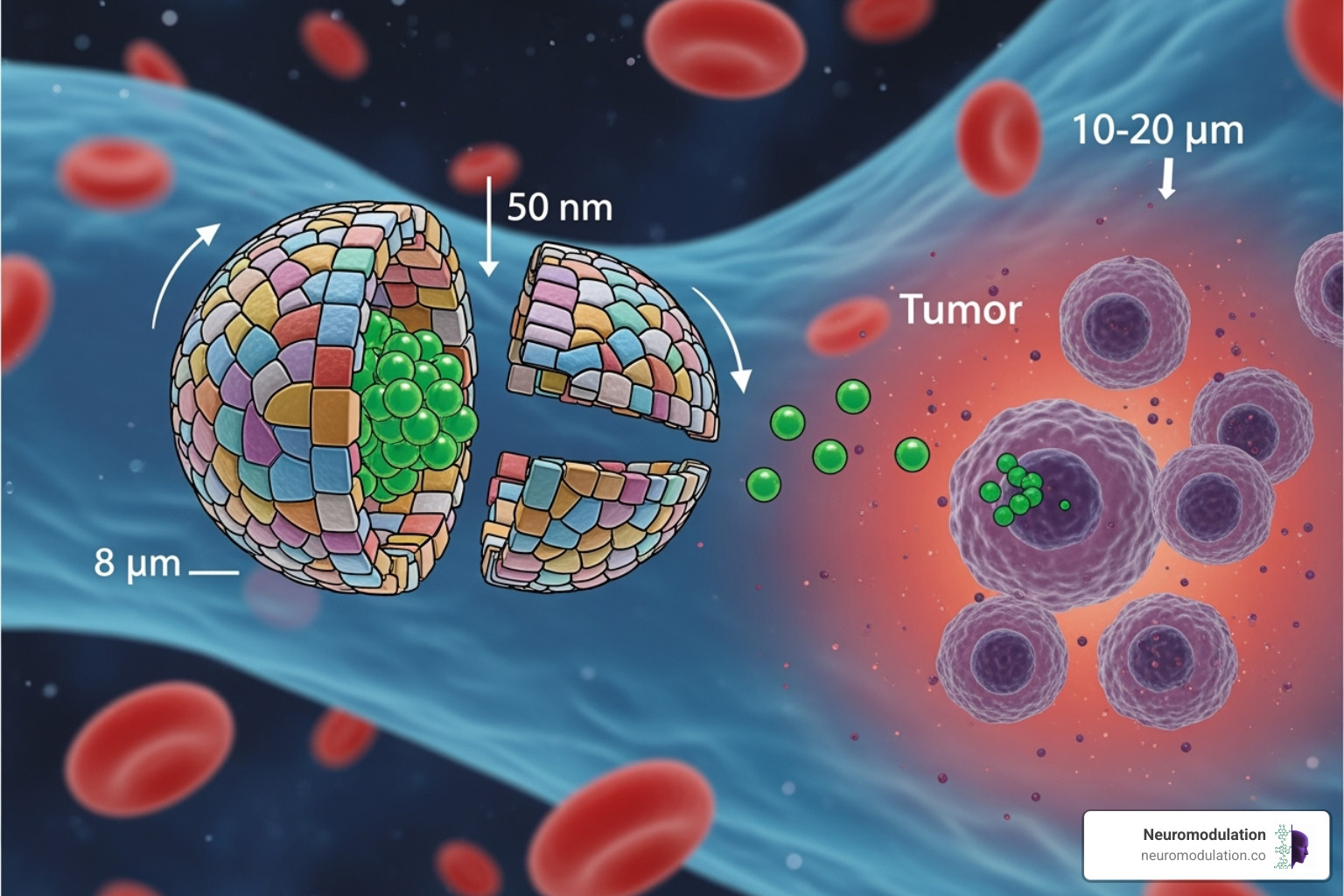 A vibrant illustration of a stimuli-responsive nanoparticle in action. The nanoparticle, carrying a therapeutic payload, is shown in the bloodstream. As it approaches a tumor microenvironment, characterized by lower pH and altered redox conditions, the nanoparticle undergoes a conformational change, opening up to release its drug molecules specifically at the diseased site, minimizing systemic effects. - Drug delivery research