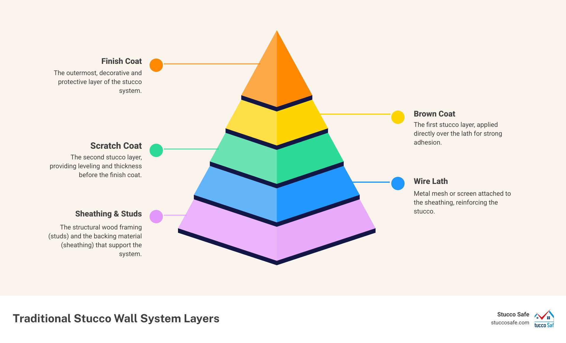 Infographic showing cross-section of traditional stucco wall system with labeled layers: wood studs, sheathing/backing material, wire lath, scratch coat, brown coat, and finish coat, plus proper fastener penetration depths - how to anchor wood to stucco infographic pyramid-hierarchy-5-steps Infographic showing cross-section of traditional stucco wall system with labeled layers: wood studs, sheathing/backing material, wire lath, scratch coat, brown coat, and finish coat, plus proper fastener penetration depths - how to anchor wood to stucco infographic pyramid-hierarchy-5-steps