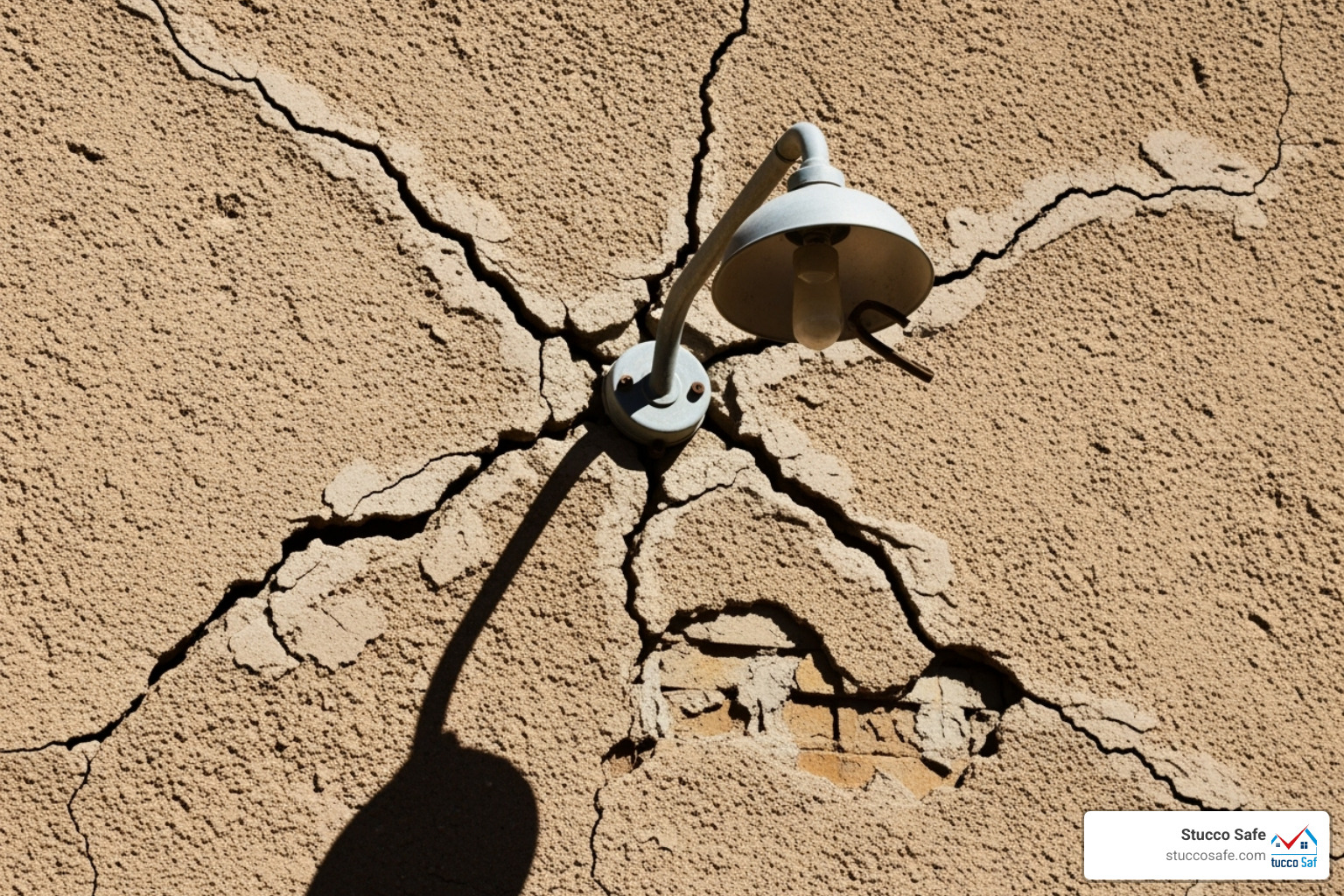 Image of a cracked stucco wall around a poorly installed fixture - how to anchor wood to stucco Image of a cracked stucco wall around a poorly installed fixture - how to anchor wood to stucco