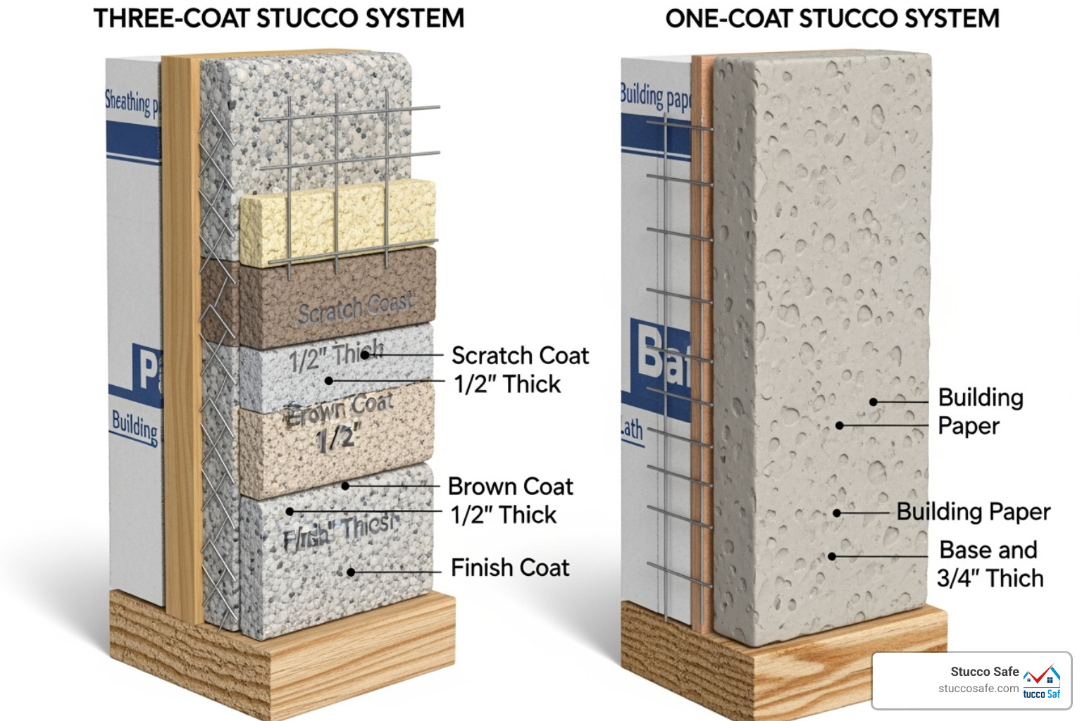 Image showing the difference between a three-coat and one-coat stucco application - how to anchor wood to stucco Image showing the difference between a three-coat and one-coat stucco application - how to anchor wood to stucco