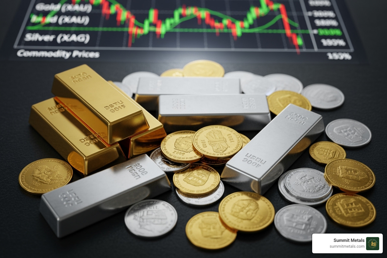 Various investment forms: coins, bars, and a digital chart on a screen - silver versus gold investment