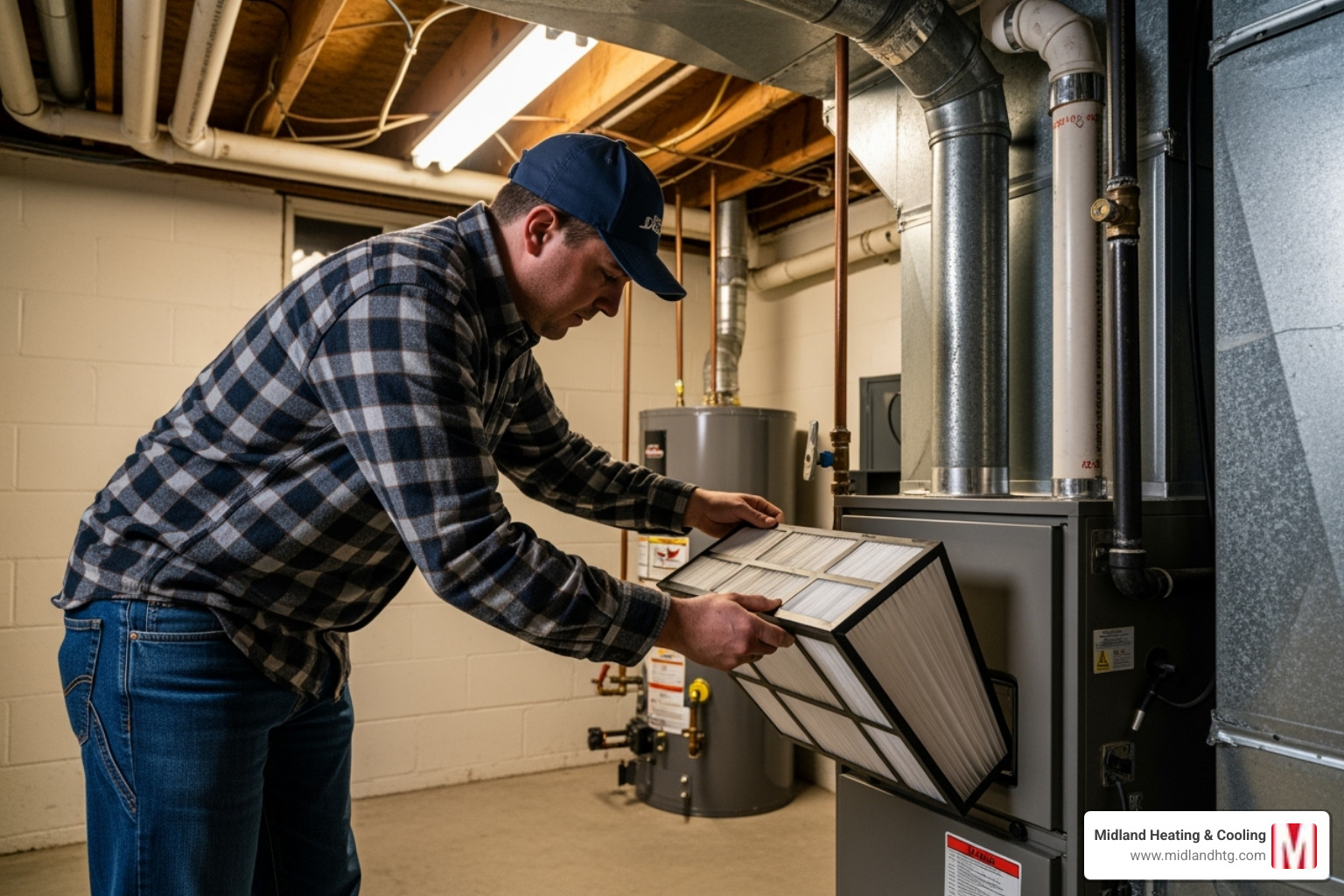 homeowner changing furnace filter - Furnace maintenance schedule