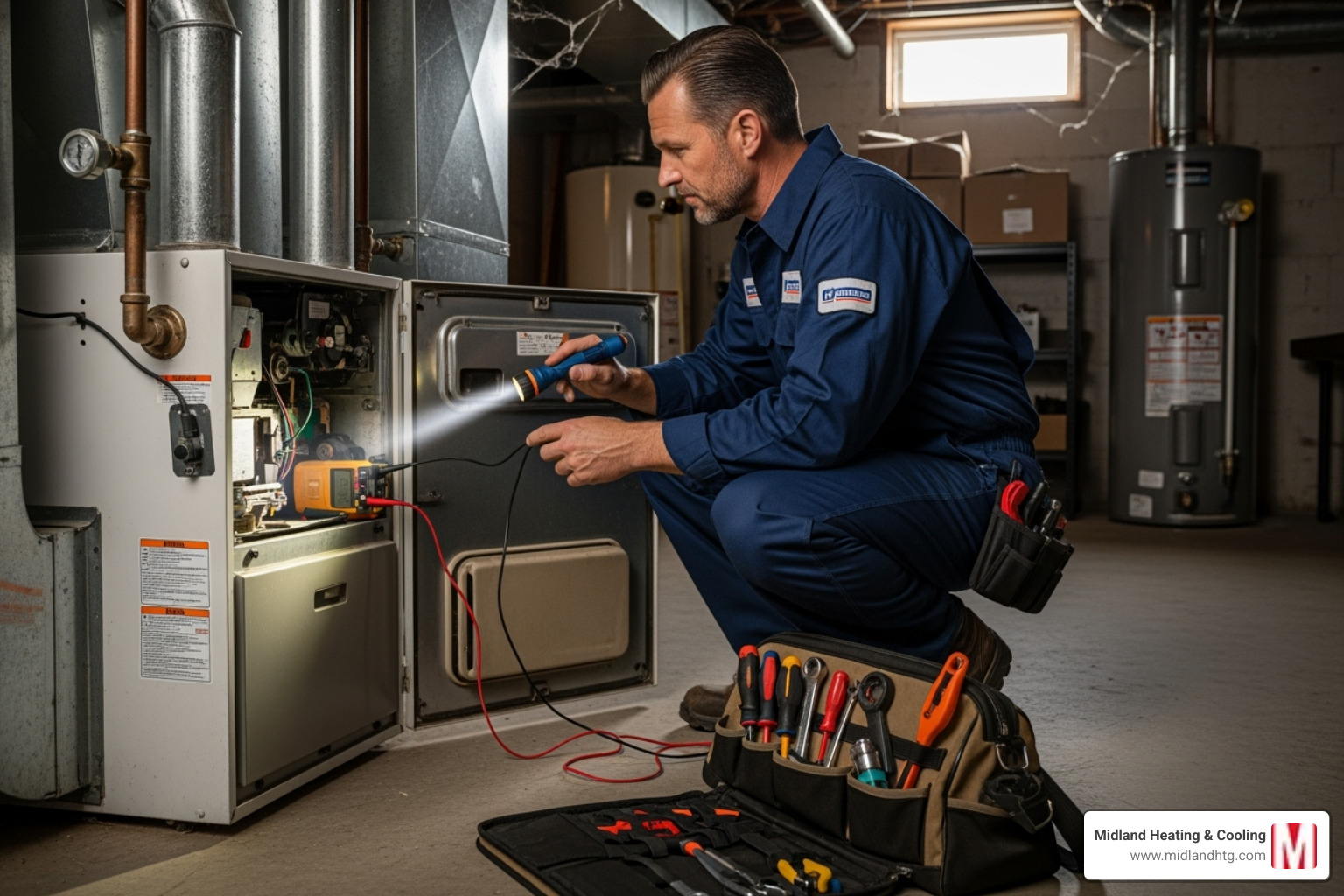 professional HVAC technician inspecting furnace - Furnace maintenance schedule