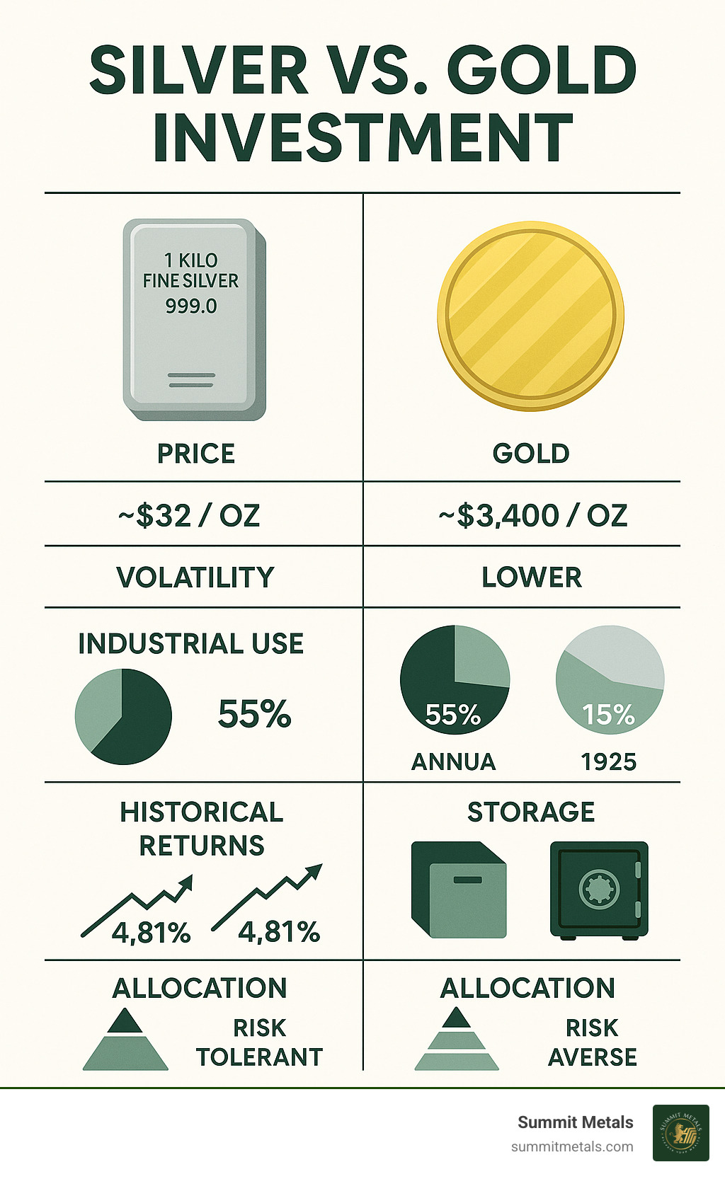 Comprehensive comparison chart showing gold versus silver across key investment metrics including price per ounce, volatility levels, industrial usage percentages, historical returns, storage requirements, and optimal allocation strategies for different investor risk profiles - silver versus gold investment infographic 