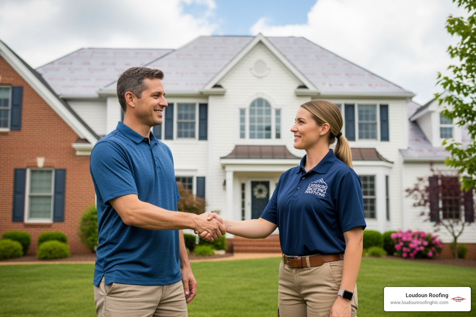 homeowner shaking hands with a uniformed roofing contractor wearing an OSHA safety harness - roof replacement contractors near me
