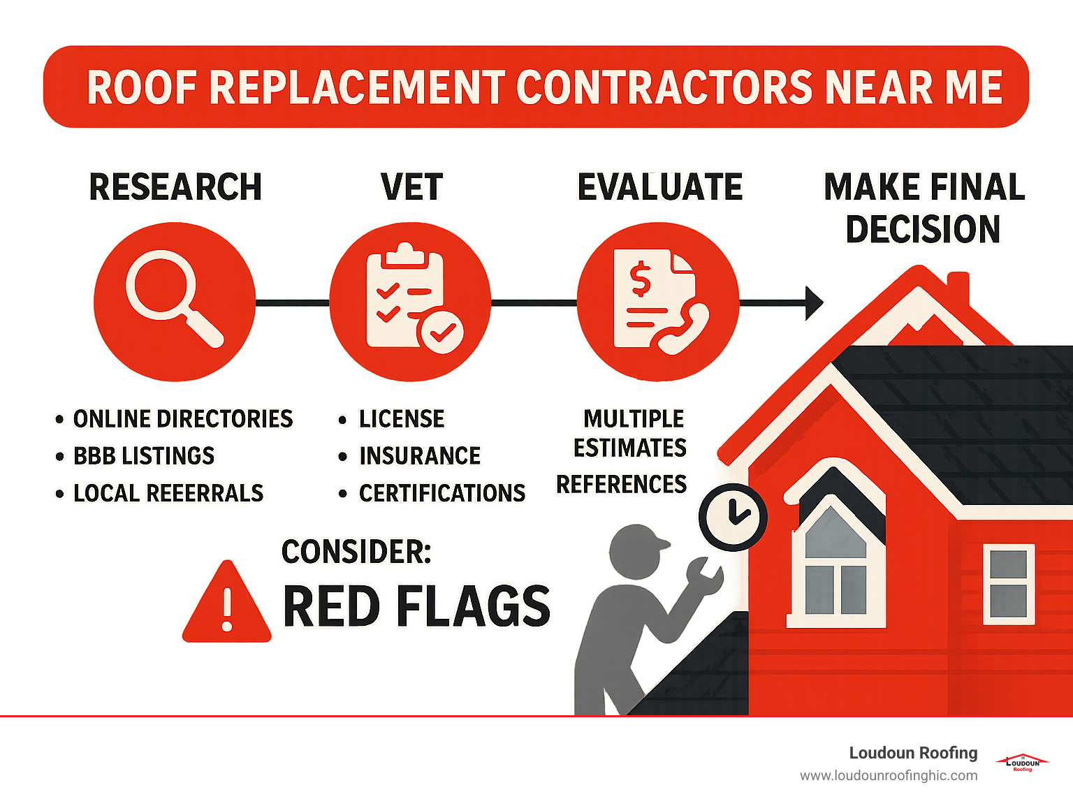 Infographic showing the complete process of finding roof replacement contractors near me, including steps for research (online directories, BBB listings, local referrals), vetting (license verification, insurance confirmation, certification checks), evaluation (multiple estimates, reference calls, timeline discussions), and final selection criteria with red flags to avoid - roof replacement contractors near me infographic infographic-line-5-steps-blues-accent_colors