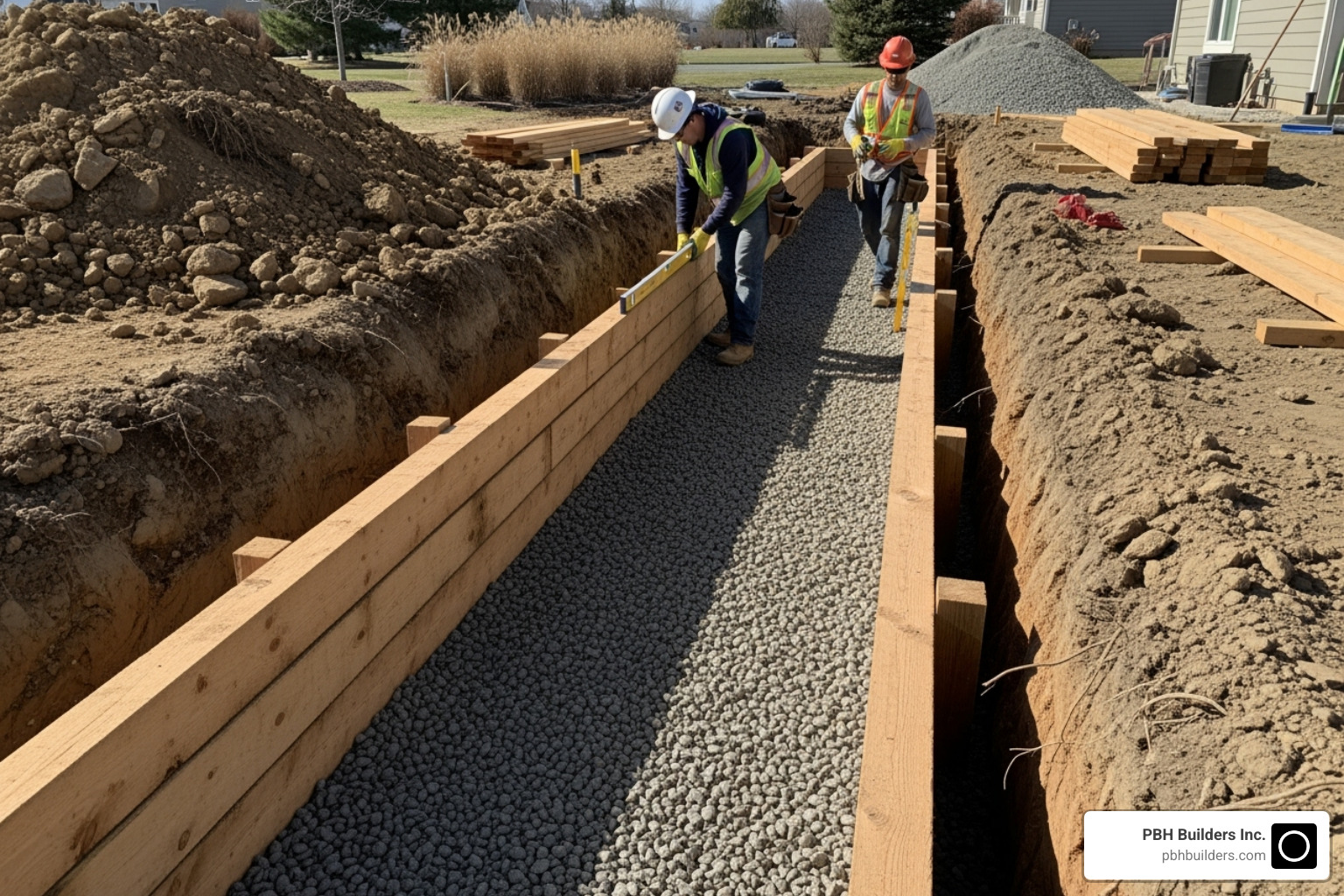 The construction process showing the foundation and first course of timbers - wood retaining wall contractors near me