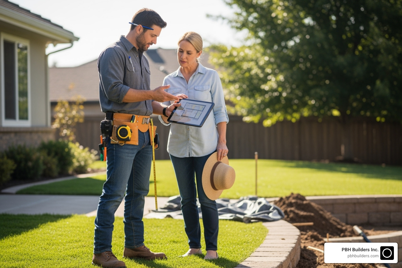 A contractor discussing plans with a homeowner on-site - wood retaining wall contractors near me