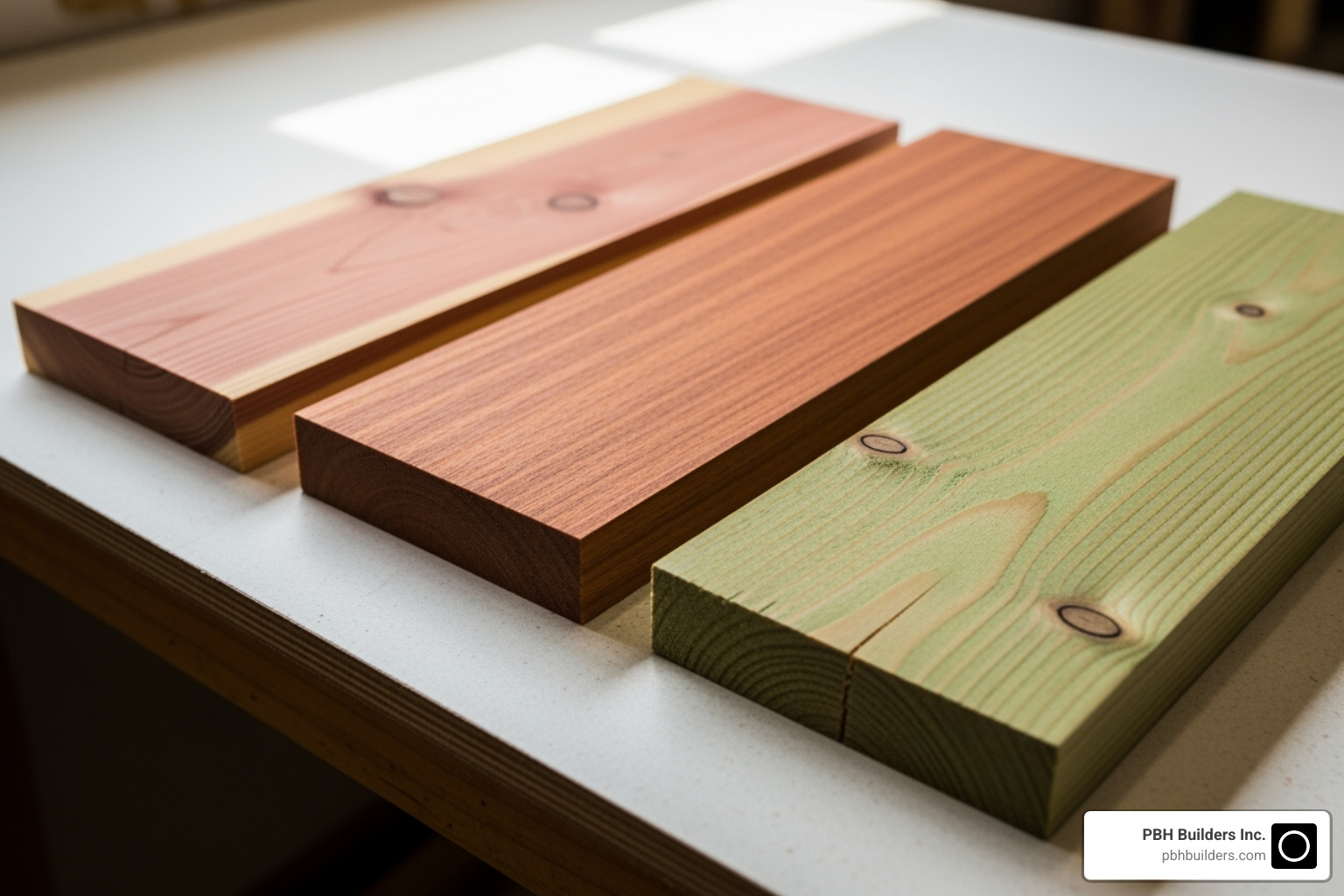 Samples of different wood types like cedar, redwood, and pressure-treated pine - wood retaining wall contractors near me