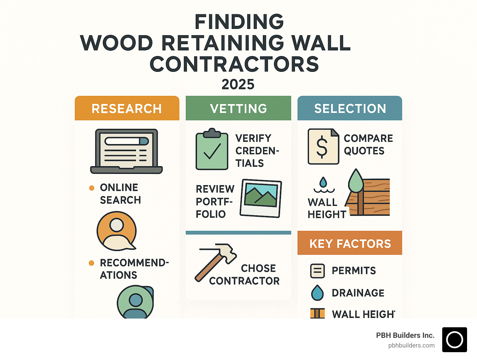 Comprehensive guide showing the process of finding wood retaining wall contractors: research phase with online searches and recommendations, vetting phase with credential verification and portfolio review, selection phase with quotes comparison and final contractor choice, plus key factors to consider like permits, drainage, and wall height requirements - wood retaining wall contractors near me infographic 