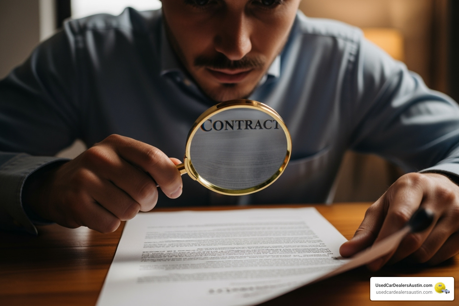 someone carefully reading a contract with a magnifying glass - No credit auto finance
