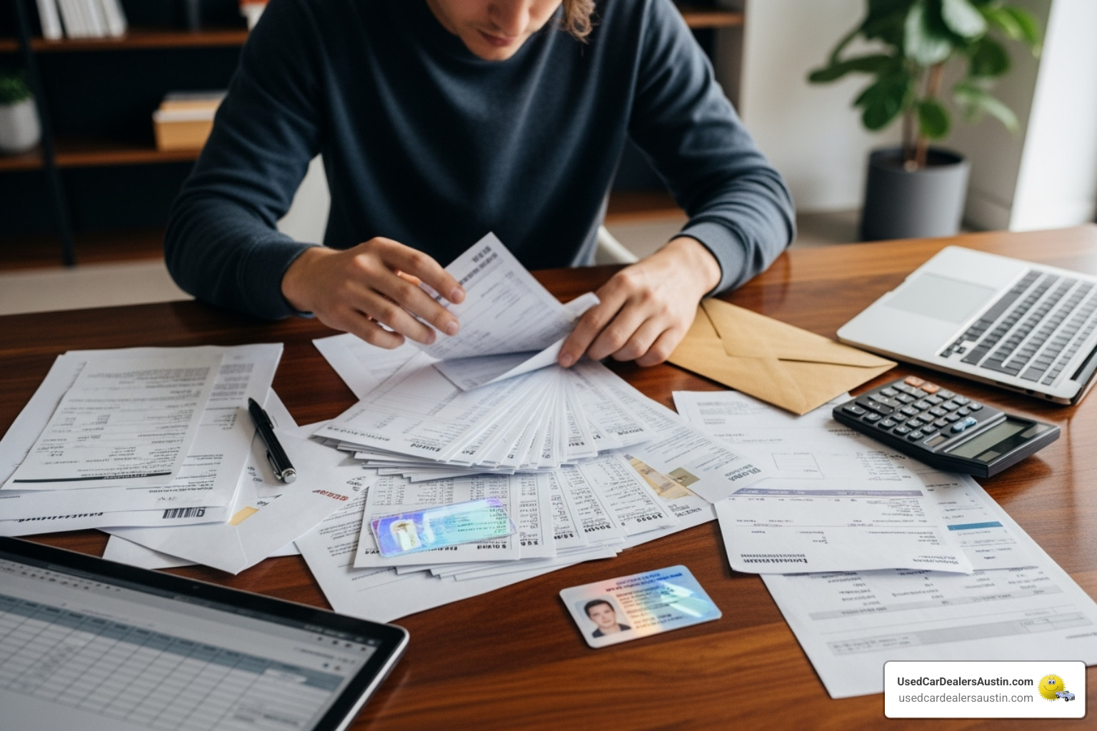 a person organizing documents like pay stubs and a driver's license at a desk - No credit auto finance