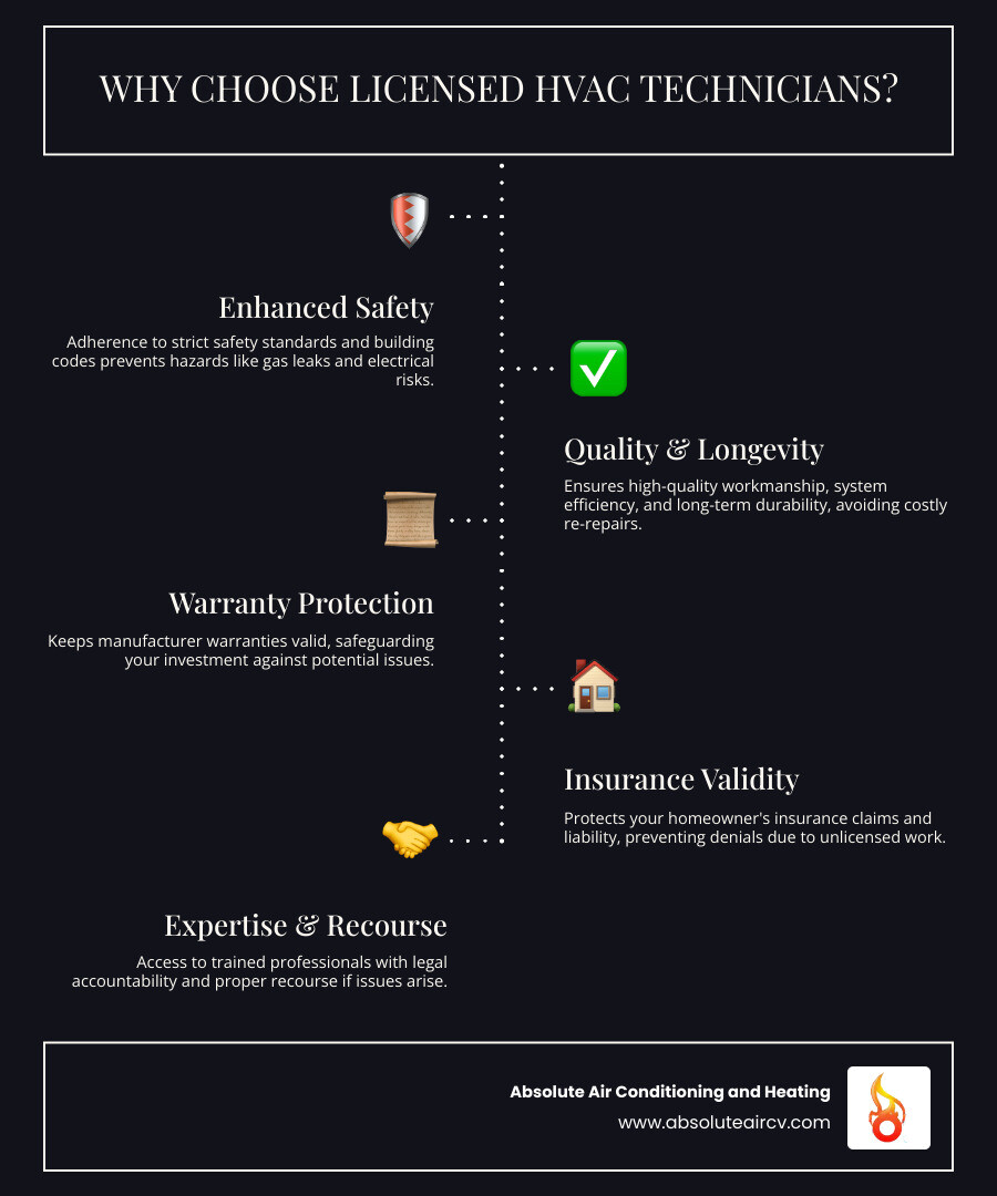 Infographic showing key benefits of hiring licensed HVAC technicians including safety compliance with building codes, quality workmanship with warranties, insurance claim validity, and legal protection, compared to risks of unlicensed work such as safety hazards, voided warranties, insurance claim denials, and no legal recourse - licensed HVAC technicians infographic infographic-line-5-steps-dark Infographic showing key benefits of hiring licensed HVAC technicians including safety compliance with building codes, quality workmanship with warranties, insurance claim validity, and legal protection, compared to risks of unlicensed work such as safety hazards, voided warranties, insurance claim denials, and no legal recourse - licensed HVAC technicians infographic infographic-line-5-steps-dark