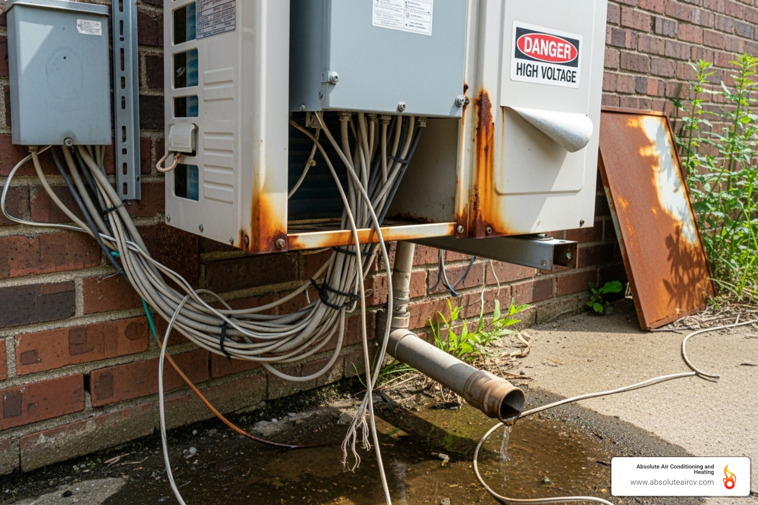 Image of a poorly installed, unsafe-looking HVAC unit with exposed wires - licensed HVAC technicians Image of a poorly installed, unsafe-looking HVAC unit with exposed wires - licensed HVAC technicians