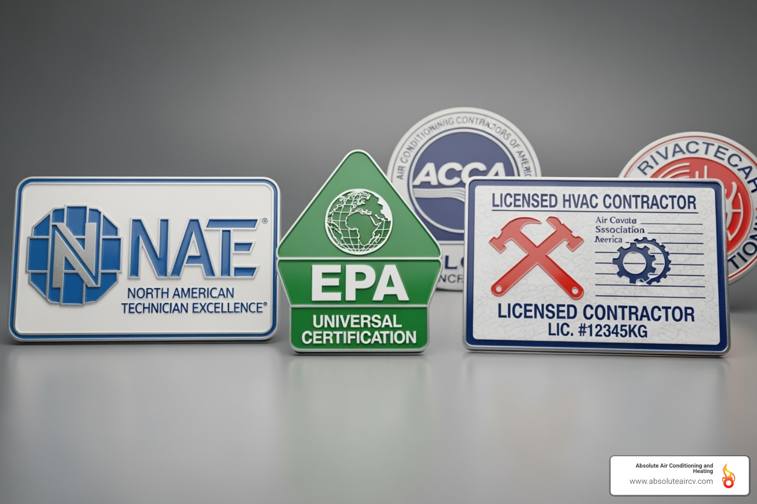 Image of various certification logos like NATE, EPA, and a sample CSLB license - licensed HVAC technicians Image of various certification logos like NATE, EPA, and a sample CSLB license - licensed HVAC technicians