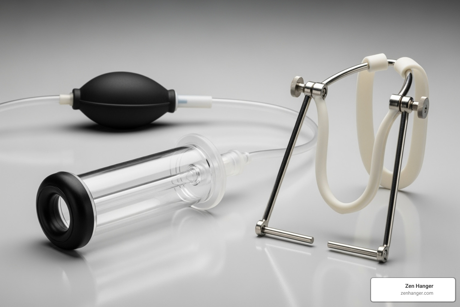 Depiction of a penis pump and a traction device side-by-side - penis girth increase