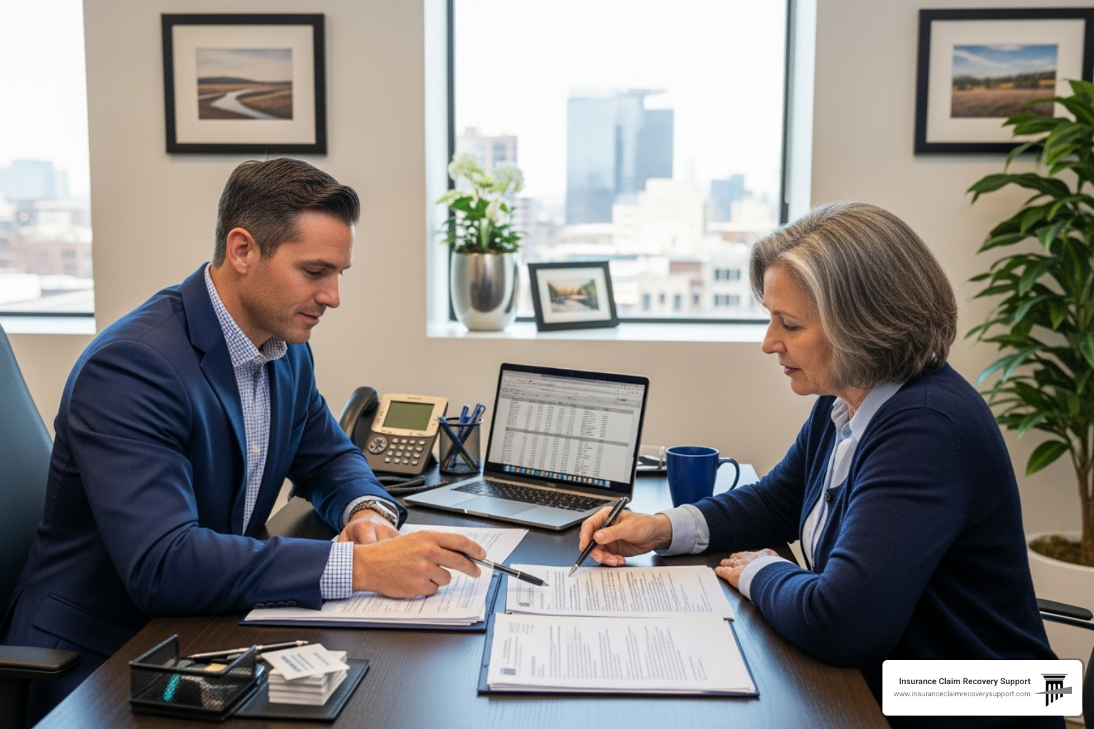 public adjuster reviewing documents with a property owner - apartment fire insurance claim