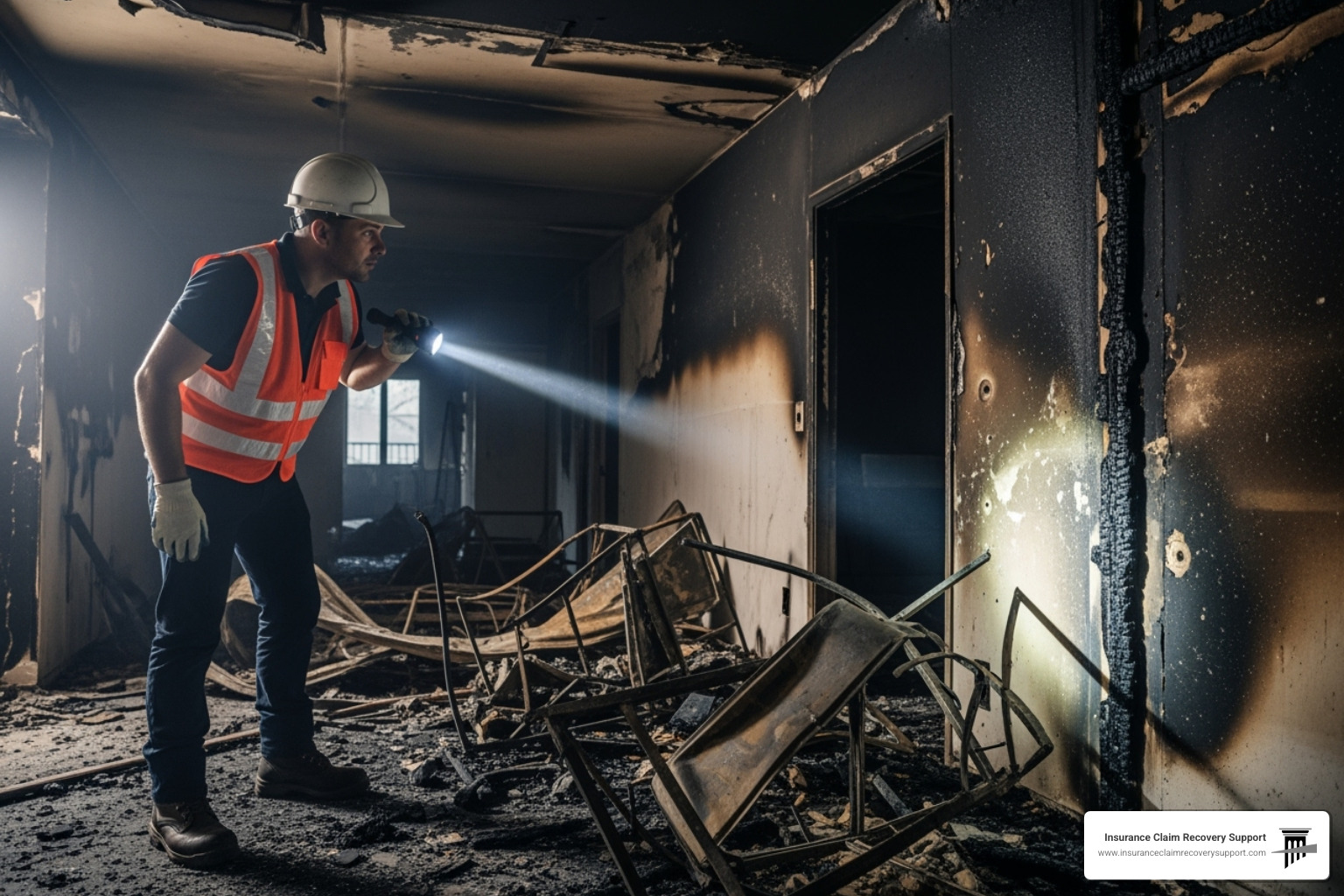 fire inspector examining a damaged apartment unit - apartment fire insurance claim