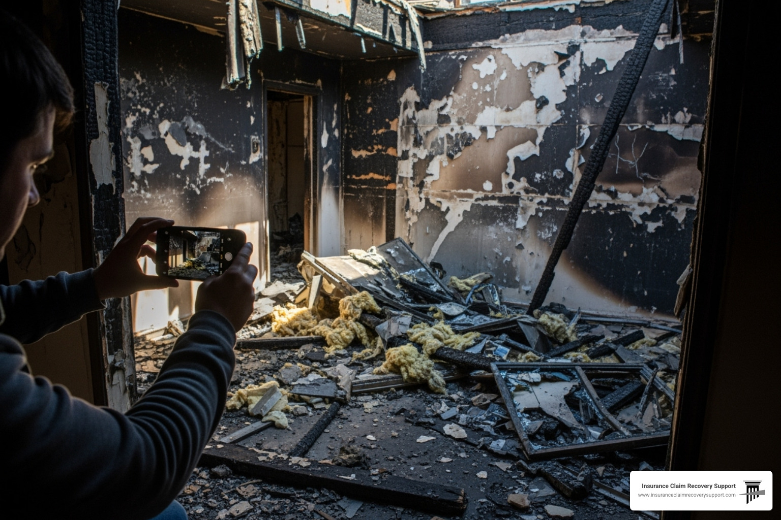 person taking photos of fire damage with a smartphone - apartment fire insurance claim