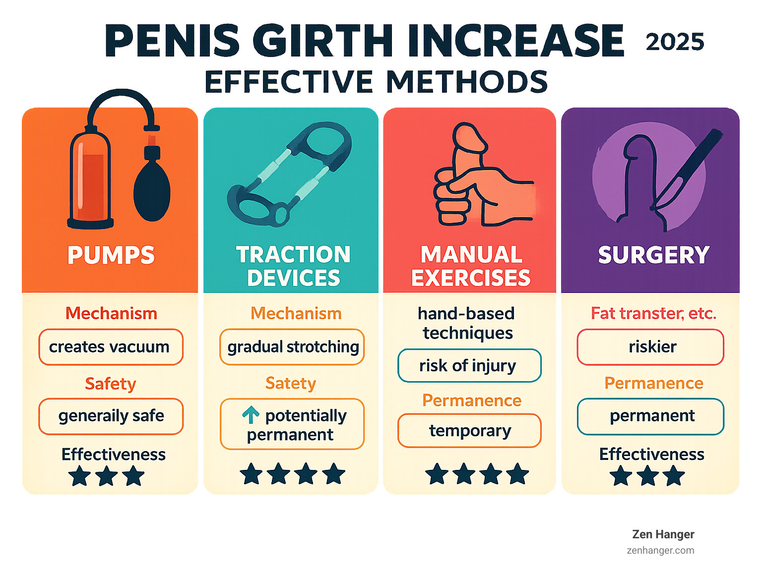 Comprehensive comparison of penis girth increase methods showing pumps, traction devices, manual exercises, and surgical options with their respective mechanisms, safety profiles, permanence of results, and effectiveness ratings - penis girth increase infographic 