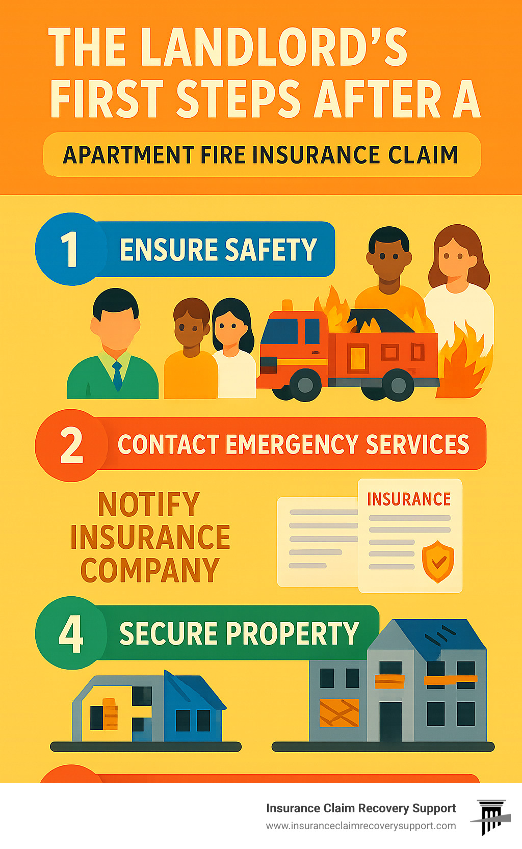 Infographic showing the 5 critical steps every landlord must take within the first 48 hours after an apartment fire: 1) Ensure all tenants and staff are safe and accounted for, 2) Contact emergency services and obtain official fire department report, 3) Notify insurance company within policy timeframe (typically 24-48 hours), 4) Secure property by boarding windows and tarping damaged areas to prevent further loss, 5) Begin comprehensive documentation with photos and videos before any cleanup begins - apartment fire insurance claim infographic 