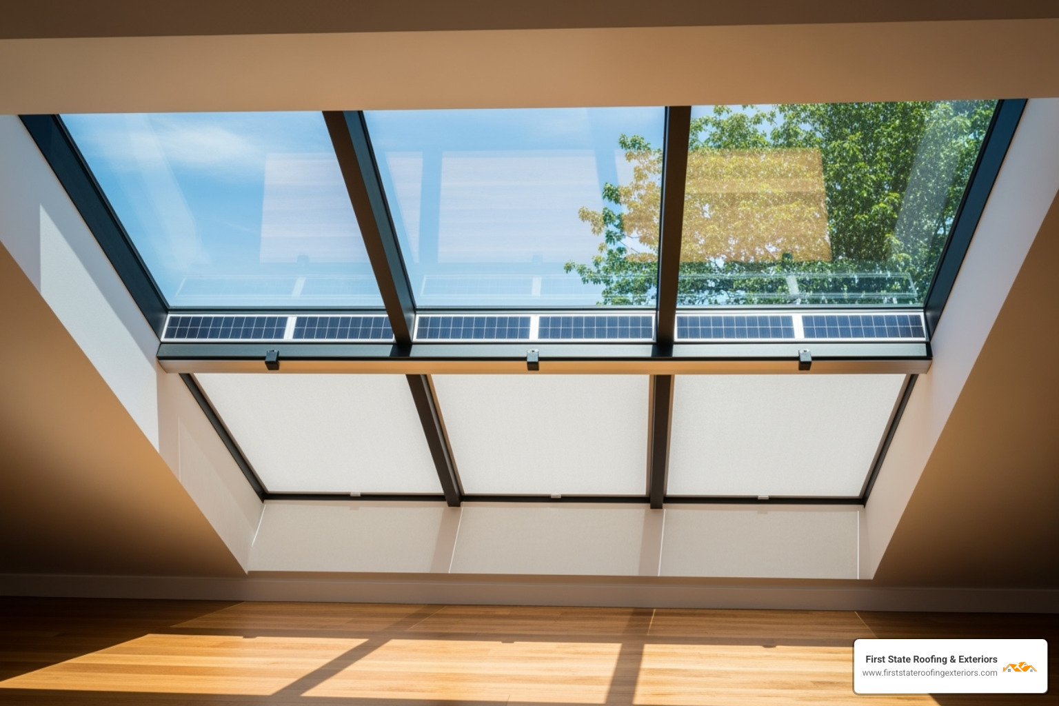 A modern skylight with automated, solar-powered blinds partially closed, showing sunlight filtering through - skylight replacement cost A modern skylight with automated, solar-powered blinds partially closed, showing sunlight filtering through - skylight replacement cost