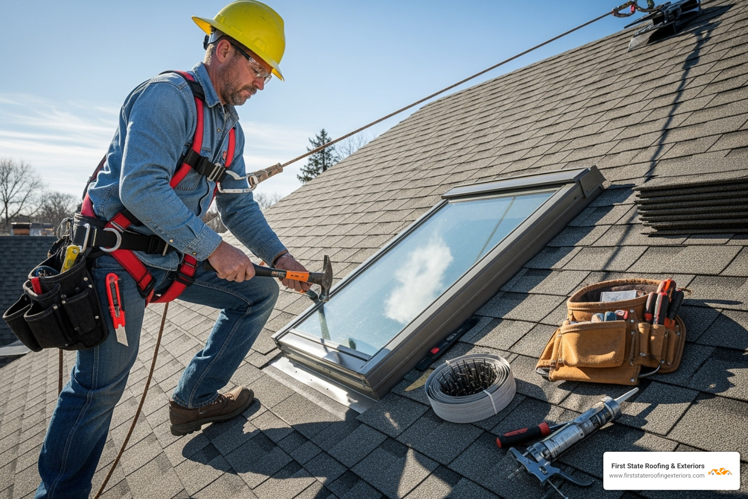 A roofer wearing an OSHA-approved safety harness works on a steep-pitched roof around a skylight, with tools and materials visible - skylight replacement cost A roofer wearing an OSHA-approved safety harness works on a steep-pitched roof around a skylight, with tools and materials visible - skylight replacement cost