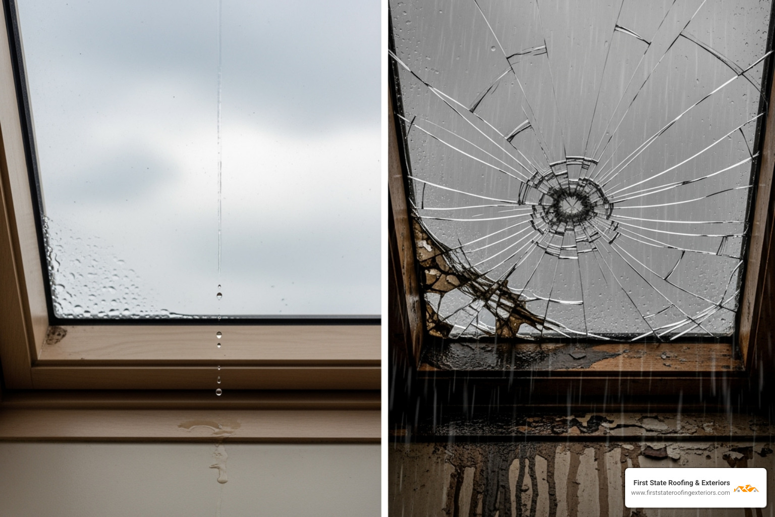 Split screen showing a minor skylight leak on one side and a severely cracked skylight with water damage on the other - skylight replacement cost Split screen showing a minor skylight leak on one side and a severely cracked skylight with water damage on the other - skylight replacement cost