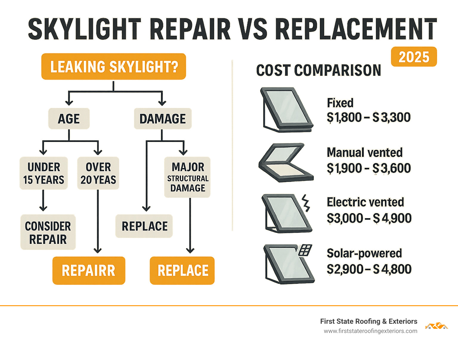 Infographic showing decision tree for skylight repair vs replacement, including age factors (under 15 years = consider repair, over 20 years = replace), damage severity levels (minor leaks vs major structural damage), and cost comparison ranges for different skylight types - skylight replacement cost infographic Infographic showing decision tree for skylight repair vs replacement, including age factors (under 15 years = consider repair, over 20 years = replace), damage severity levels (minor leaks vs major structural damage), and cost comparison ranges for different skylight types - skylight replacement cost infographic