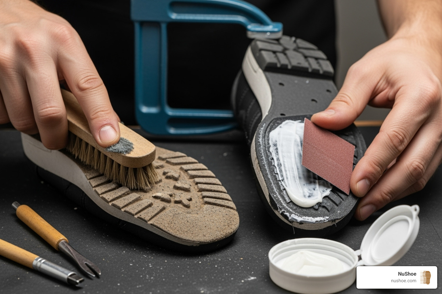 Step-by-step process of cleaning, sanding, applying glue, and clamping a shoe - best shoe sole adhesive Step-by-step process of cleaning, sanding, applying glue, and clamping a shoe - best shoe sole adhesive