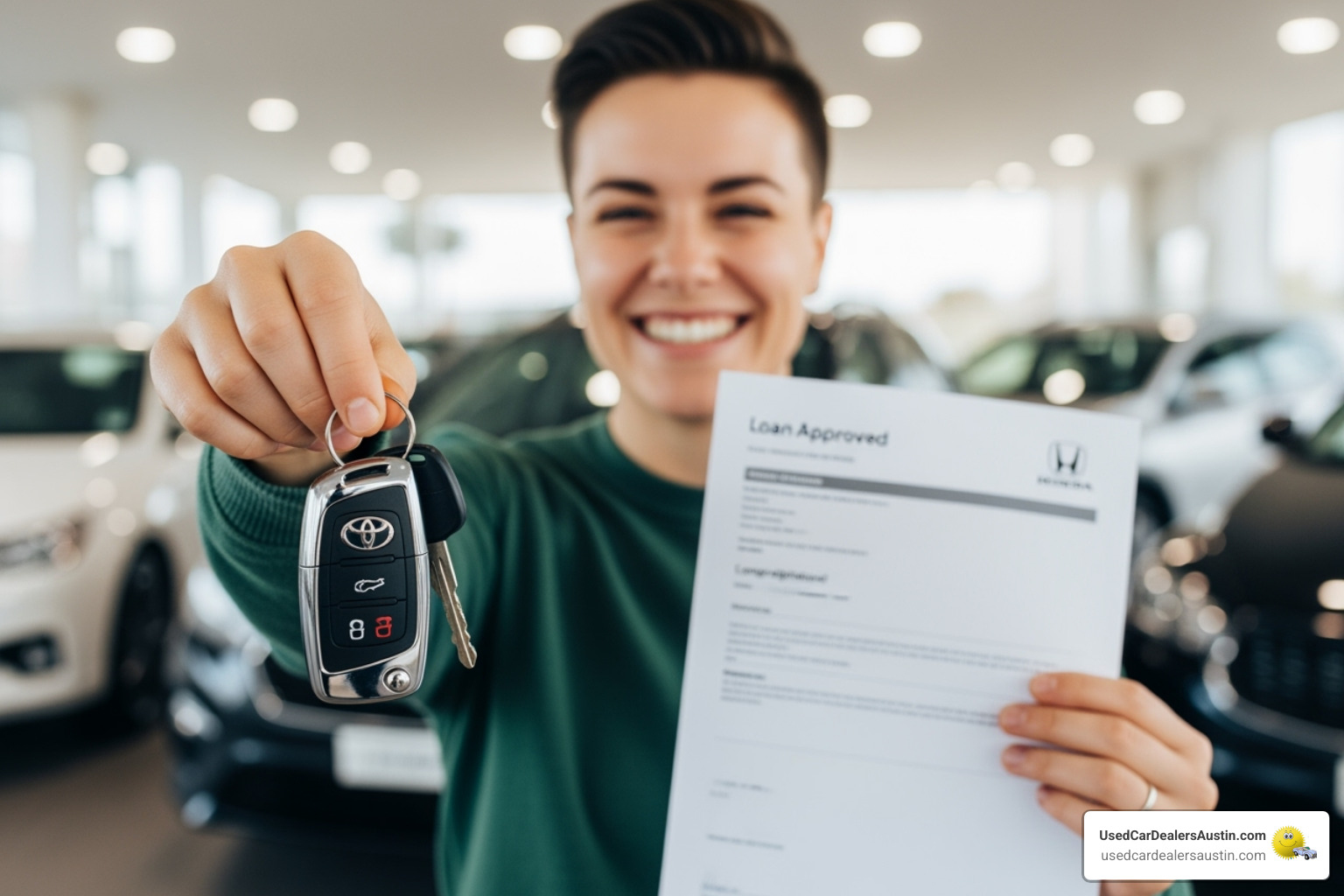 Person with car keys and loan approval letter smiling - Auto financing Austin