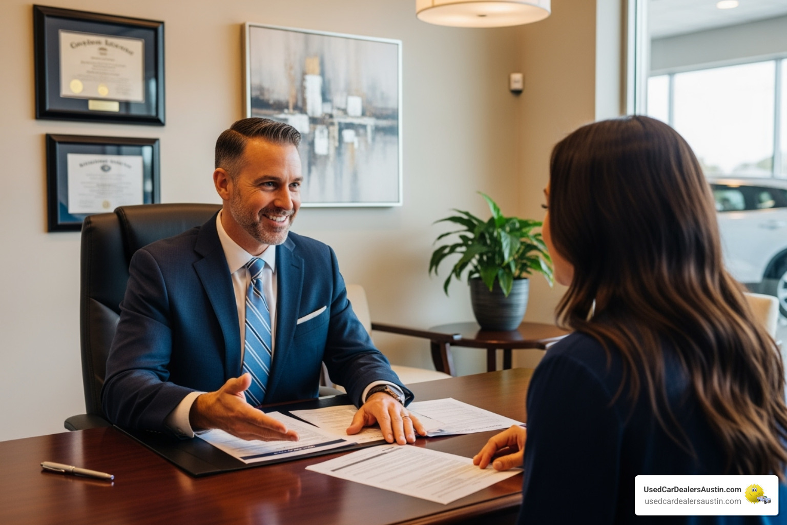 Friendly finance manager at a dealership helping a customer - Auto financing Austin