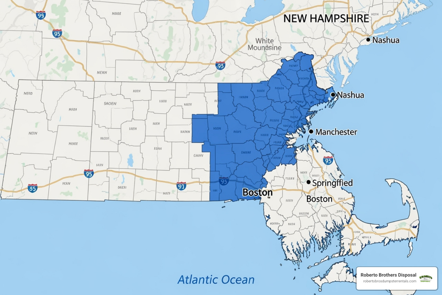 Map highlighting a dumpster company's service area in Massachusetts and New Hampshire - prices on dumpsters Map highlighting a dumpster company's service area in Massachusetts and New Hampshire - prices on dumpsters