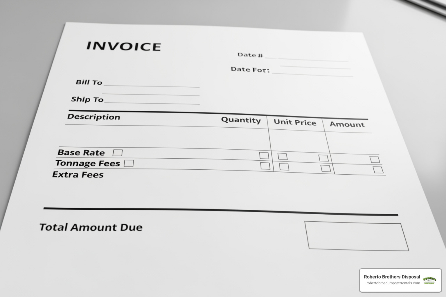 Sample dumpster rental invoice with sections for base rate, tonnage, and extra fees clearly marked - prices on dumpsters Sample dumpster rental invoice with sections for base rate, tonnage, and extra fees clearly marked - prices on dumpsters