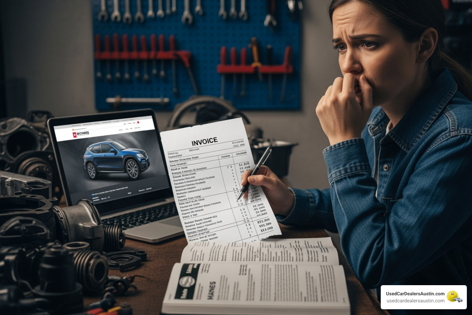 a person looking at an unexpected repair bill with concern - used car warranties