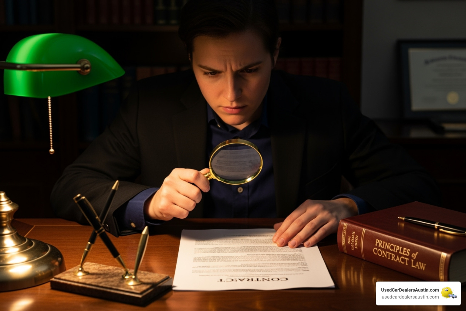 a person carefully reading a warranty contract with a magnifying glass - used car warranties