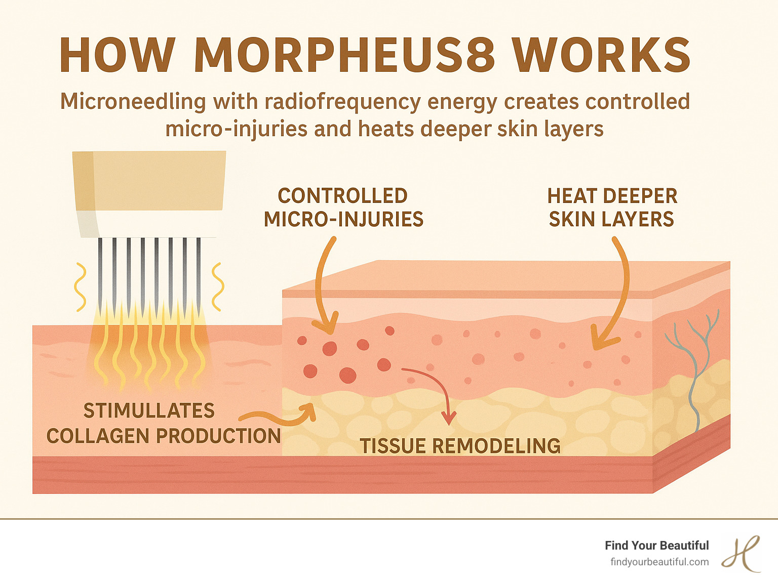 Infographic showing how Morpheus8 combines microneedling with radiofrequency energy to create controlled micro-injuries and heat deeper skin layers, stimulating collagen production and tissue remodeling for smoother, tighter skin - morpheus8 acne scars san antonio infographic 