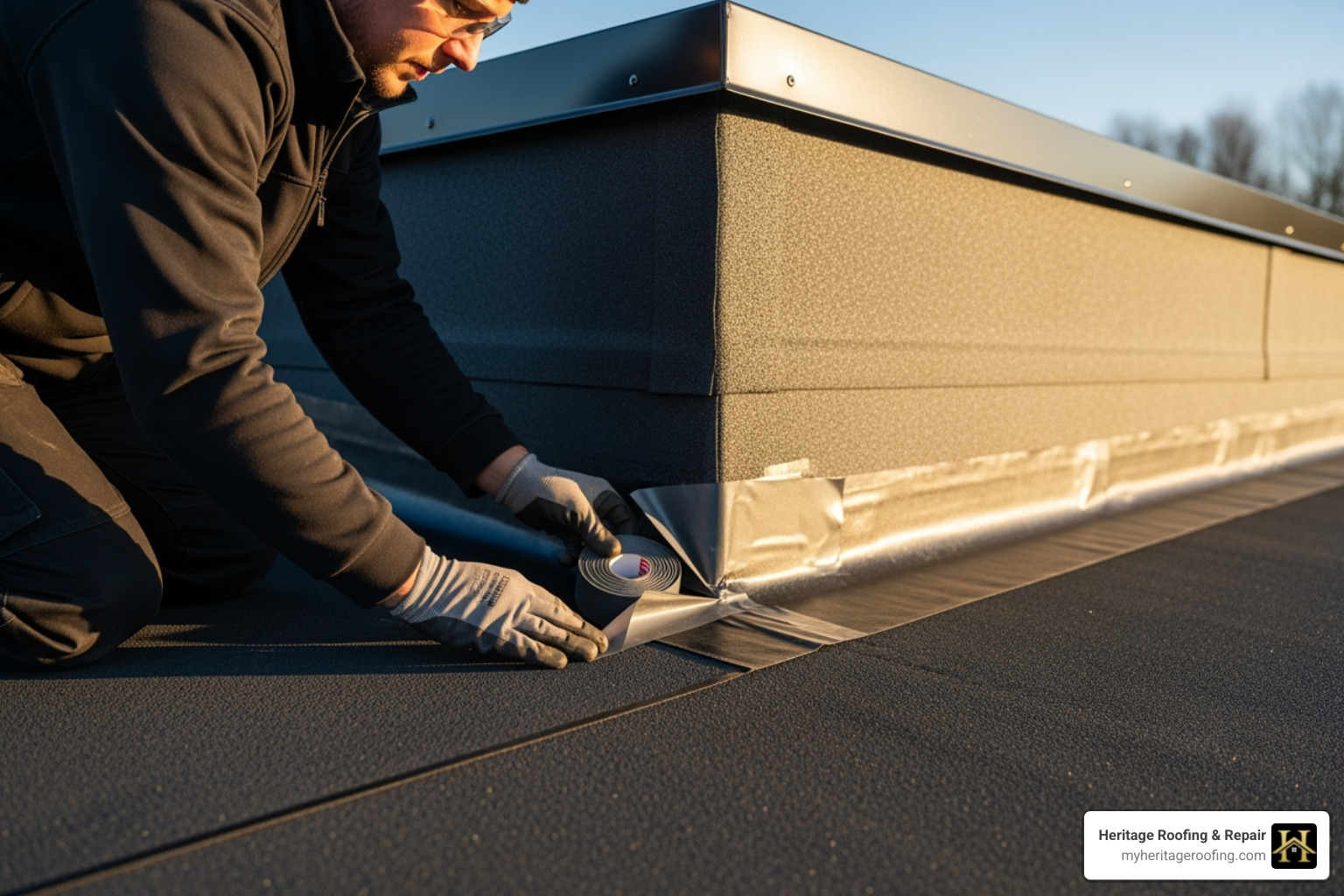 roofer using flashing tape to seal an outside corner of an EPDM roof - EPDM roof installation