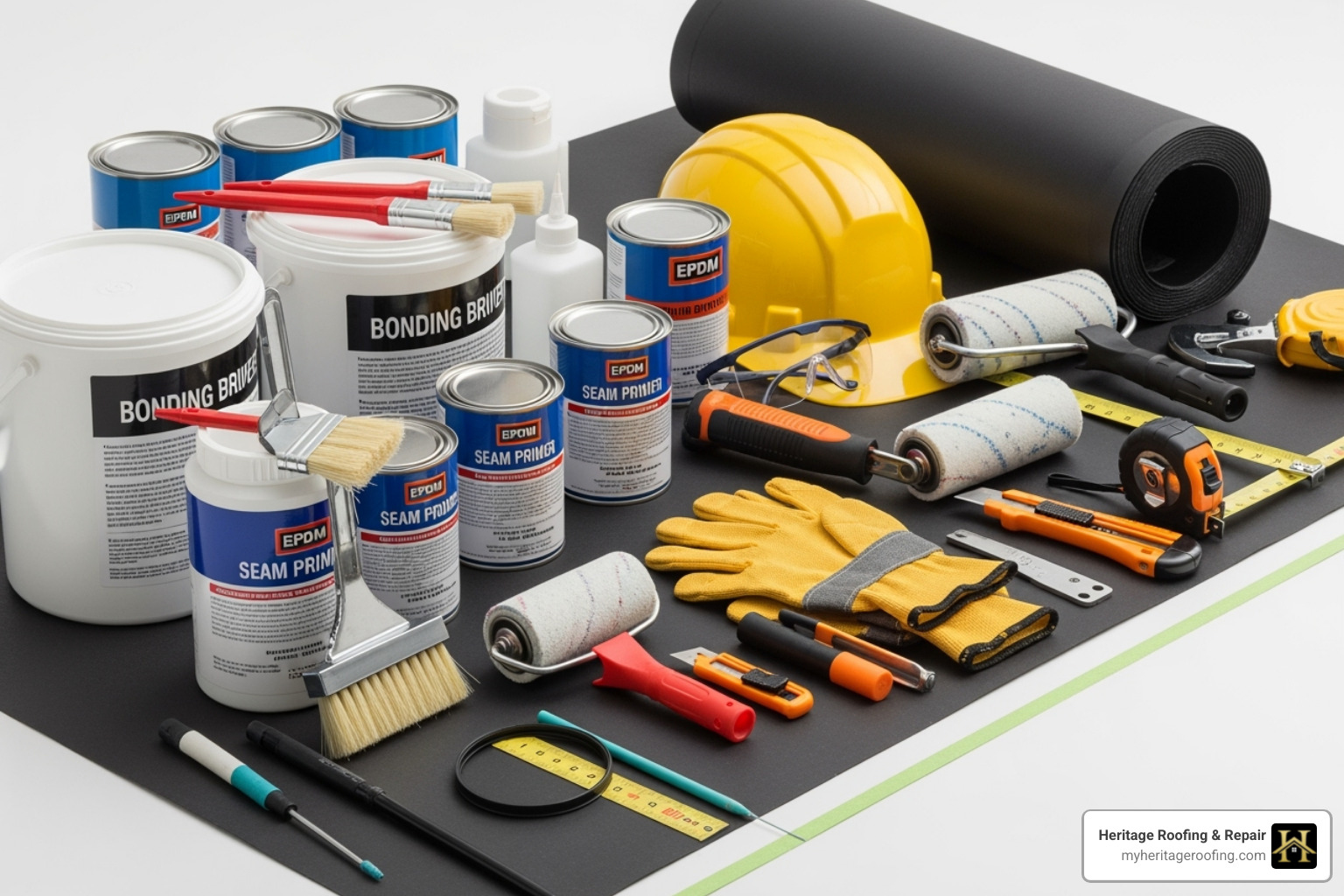 EPDM installation tools; bonding adhesive; seam primer; safety gear - EPDM roof installation