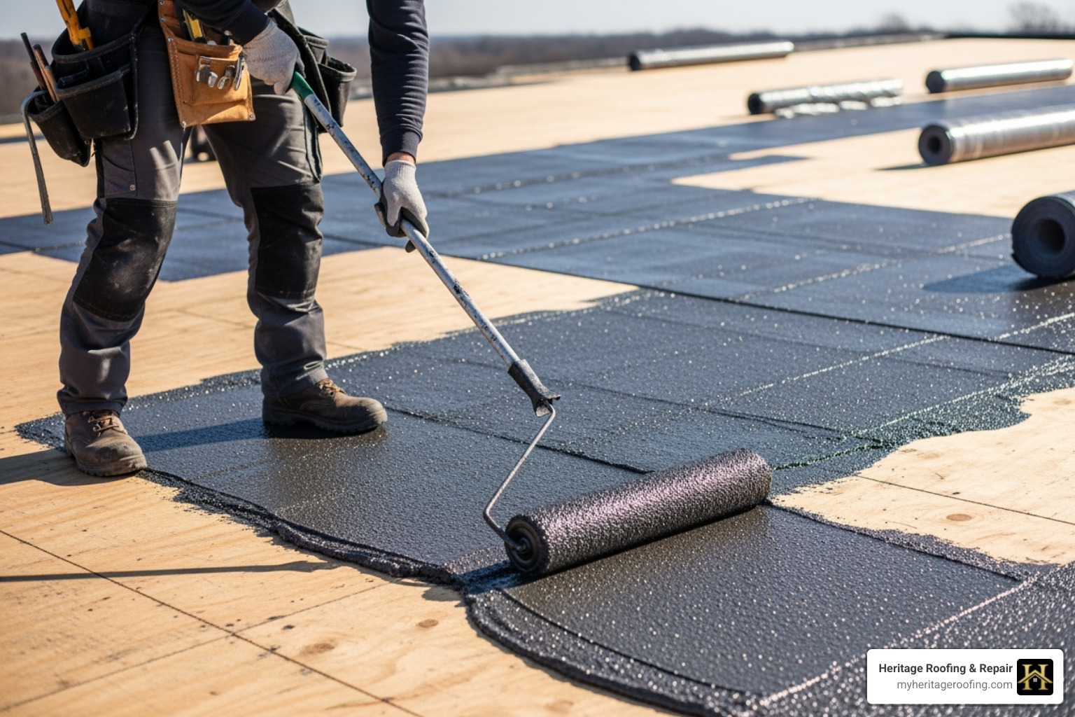 roofer applying bonding adhesive to the roof deck with a paint roller - EPDM roof installation