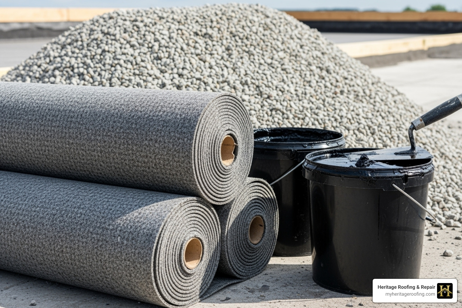 raw materials for a BUR system: rolls of felt, buckets of bitumen, and a pile of gravel - built up roofing installation