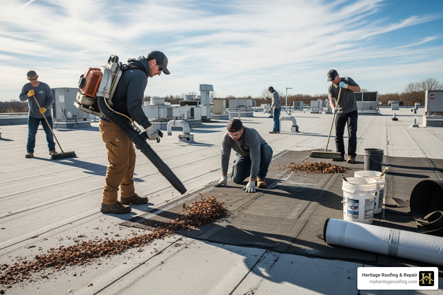 workers cleaning and preparing a flat roof deck - built up roofing installation