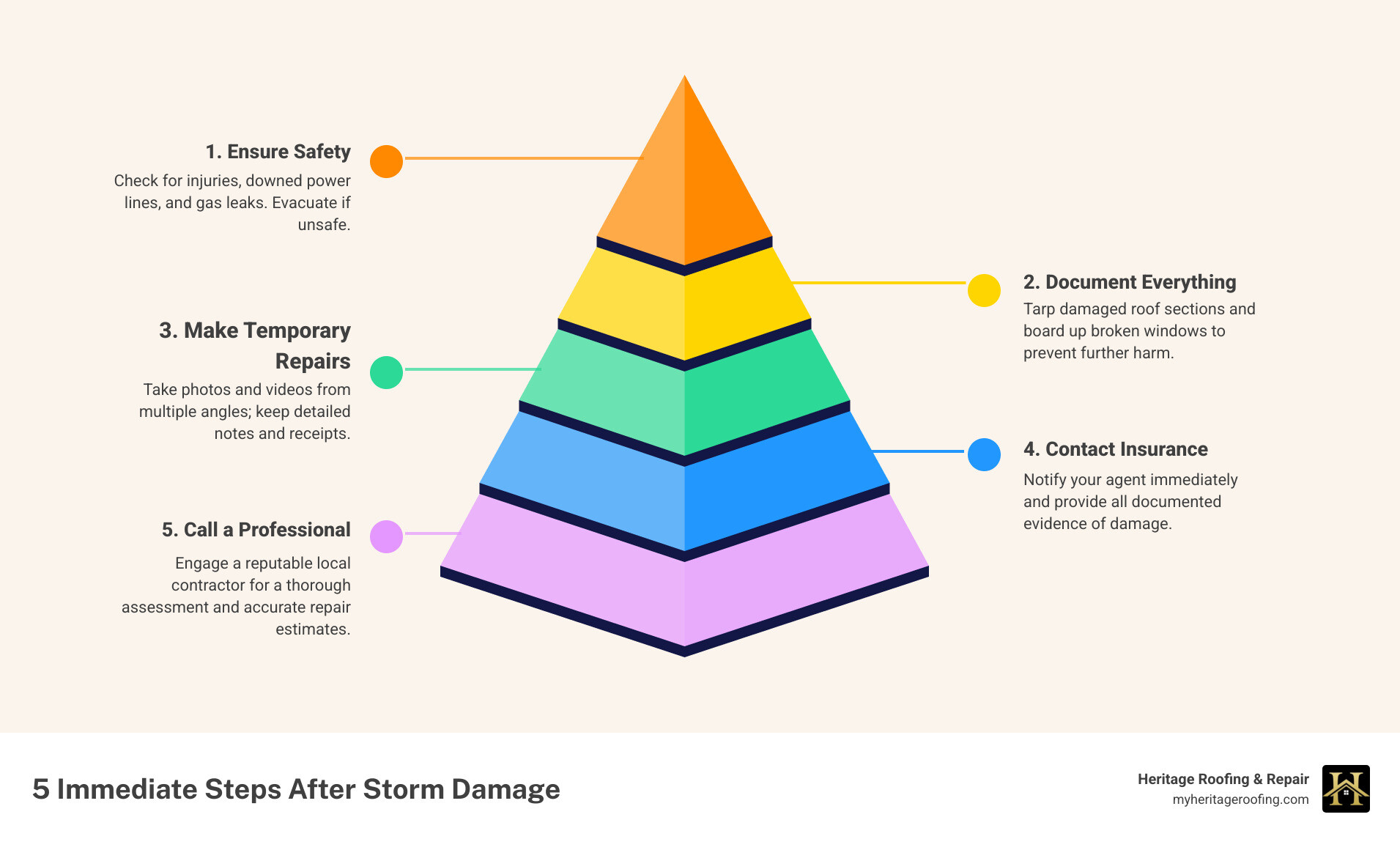 Infographic showing 5 immediate steps after storm damage: 1. Ensure safety by checking for injuries and hazards, 2. Document everything with photos and detailed notes, 3. Make temporary repairs like tarping damaged roofs, 4. Contact your insurance company immediately, 5. Call a professional roofing contractor for assessment - Fayetteville storm damage infographic pyramid-hierarchy-5-steps