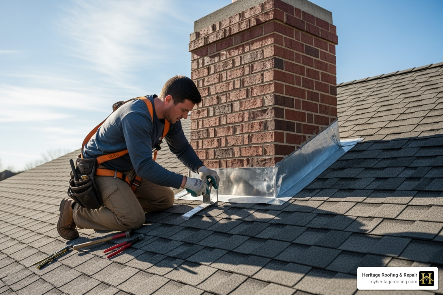 A roofer carefully installing flashing around a chimney - experienced roofing contractor