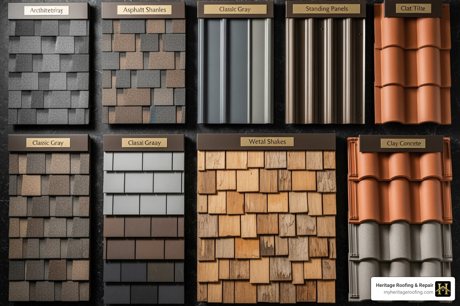 display showing samples of asphalt, metal, wood, and tile roofing materials - new residential roofing