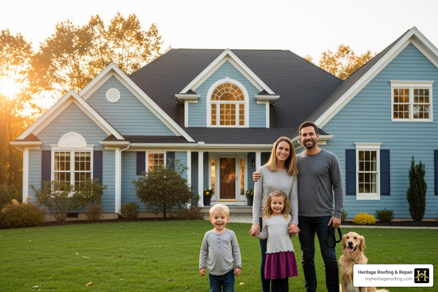 A happy family standing in front of their newly roofed home - experienced roofing contractor