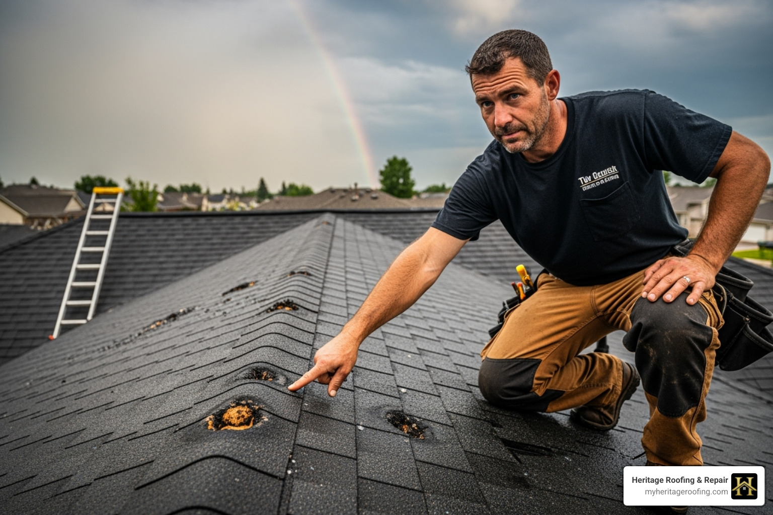 Roofing professional pointing out hail damage on an asphalt shingle - Fayetteville storm damage