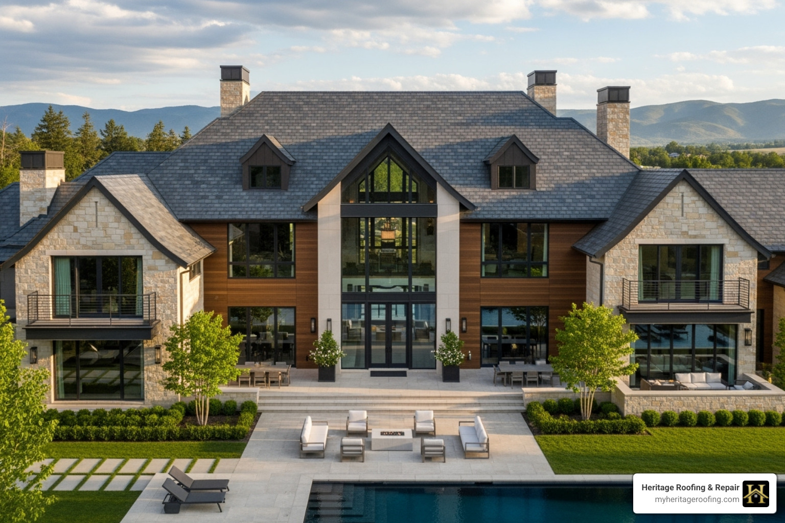 luxury home with a slate or tile roof - new residential roofing